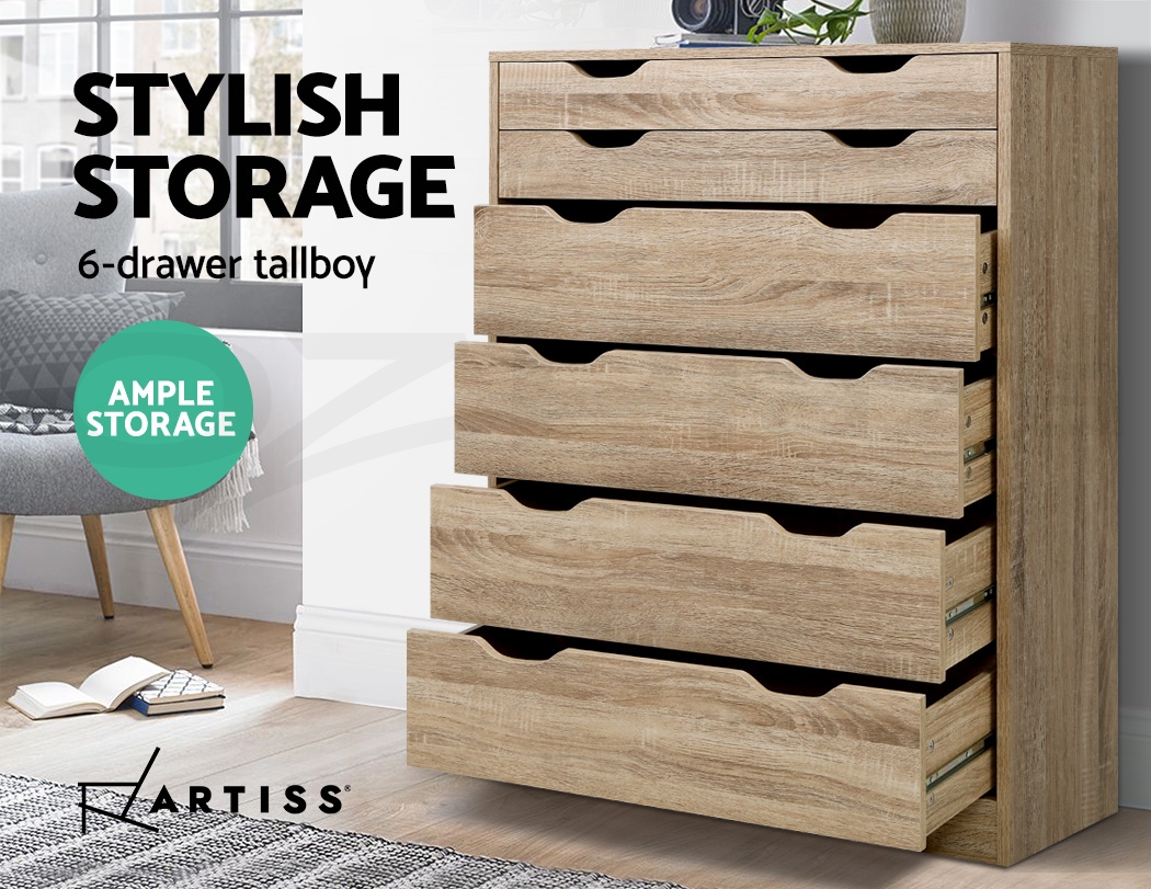 Artiss 6 Chest of Drawers Tallboy Dresser Table Storage Cabinet Oak ...